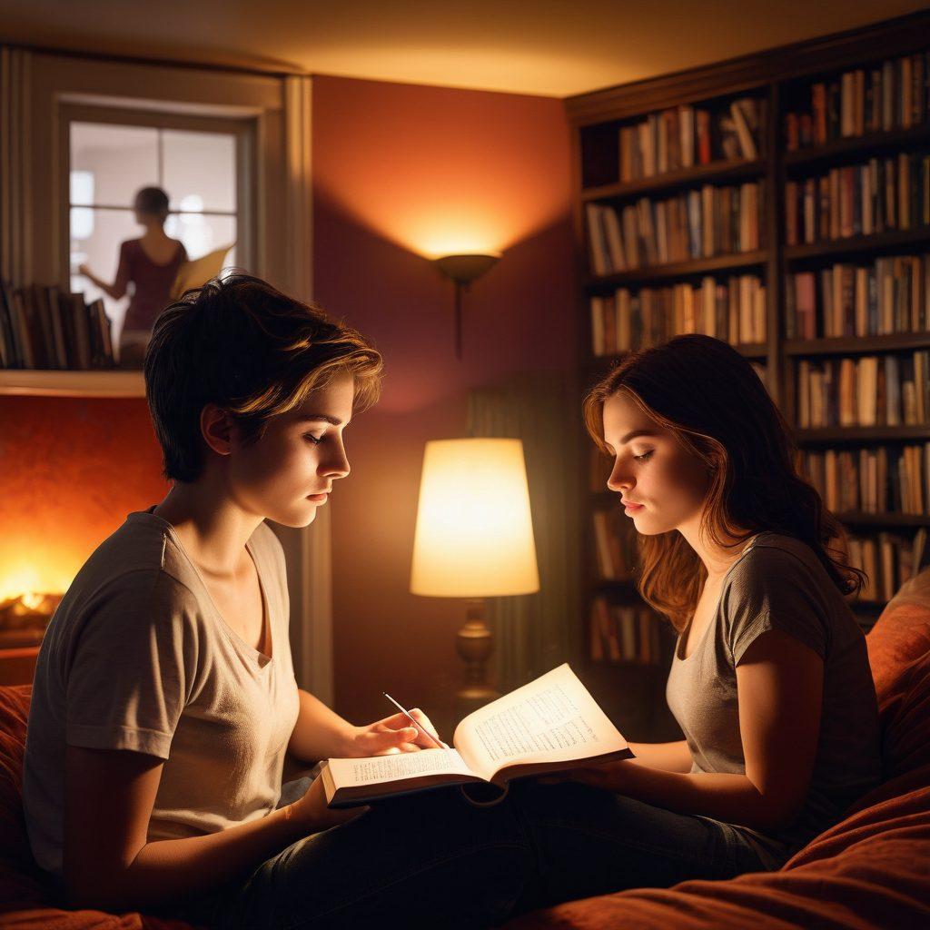 A thought-provoking split image showcasing a young adult engrossed in reading a steamy novel in a cozy, dimly-lit room on one side, while on the other side, a colorful, modern entertainment setting displaying various forms of media like movies and games with subtle adult themes. The background should reflect a contrasting environment of innocence vs. temptation, with a soft glow illuminating the book cover and dynamic kinetic elements around the entertainment visuals. rich colors. modern illustration.