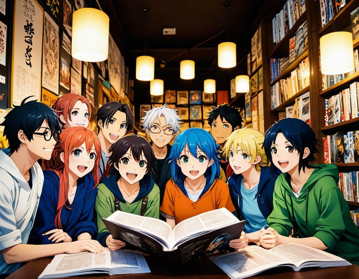 A vibrant and colorful scene depicting a group of young adults immersed in reading adult anime and manga, surrounded by artful illustrations of fantastical characters and playful expressions. The setting should convey a sense of exploration and curiosity, with dynamic poses and lively backgrounds reflecting the themes of youthful erotica. Incorporate elements like manga panels and vibrant posters in a cozy, inviting space with warm lighting. anime art style. vibrant colors. 3D.