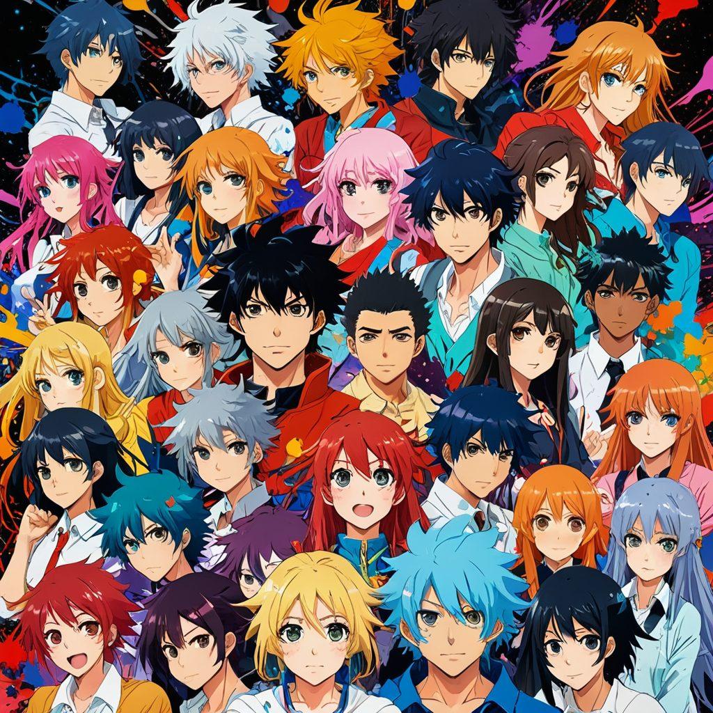 A dynamic and colorful collage showcasing various adult anime and manga characters, expressing a range of emotions and creativity through their poses and expressions. The background should be a vibrant blend of abstract art symbols, hinting at passion and imagination in a whimsical, surreal setting. Incorporate elements like paint splatters and artistic tools to emphasize the theme of artistic expression. The overall image should feel lively and engaging, drawing the viewer into the world of adult anime and manga. vibrant colors. surrealism.